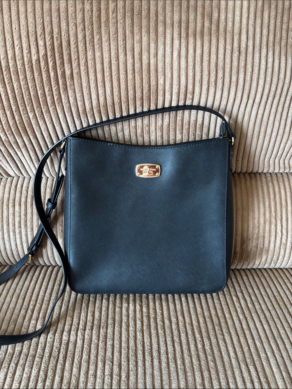 Michael Kors Black Leather Crossbody with Gold-Tone Plaque